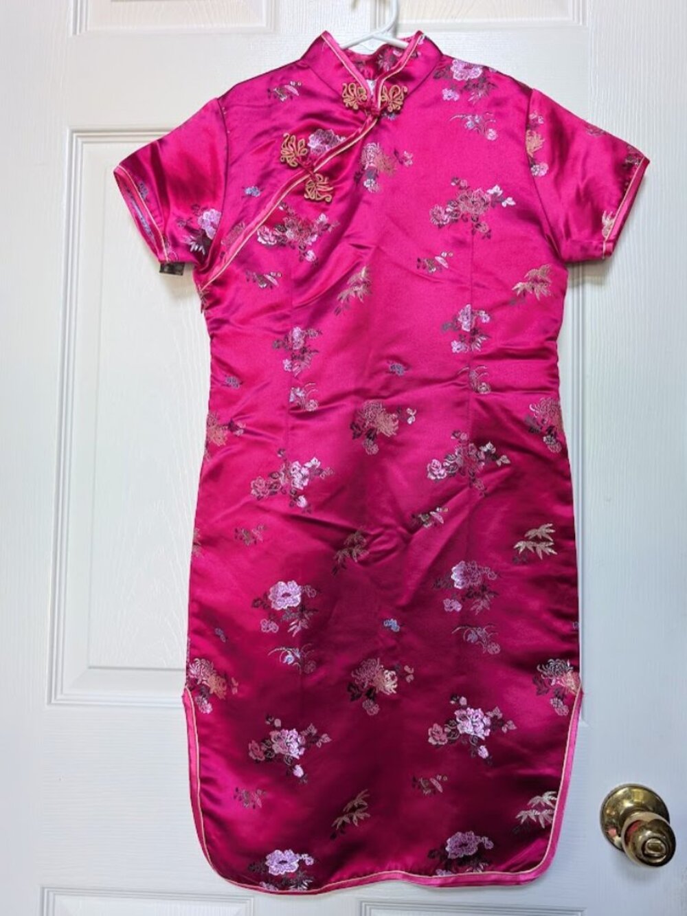 Girls Pink Satin Chinese Dress Traditional Qipao Floral pattern size:12
